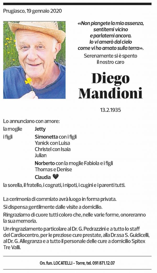 Annuncio funebre Diego Mandioni