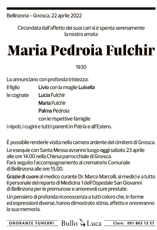 Annuncio funebre Maria Pedroia Fulchir