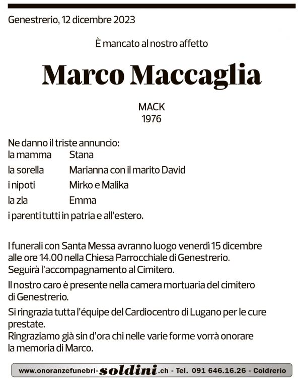 Annuncio funebre Marco Maccaglia