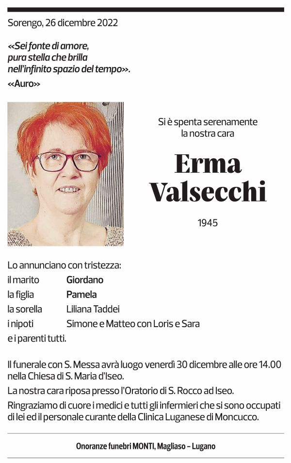 Annuncio funebre Erma Valsecchi