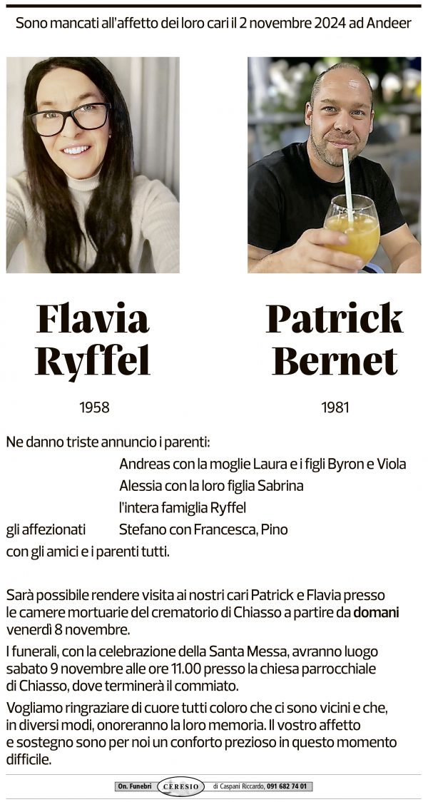 Annuncio funebre Flavia Ryffel Patrick Bernet