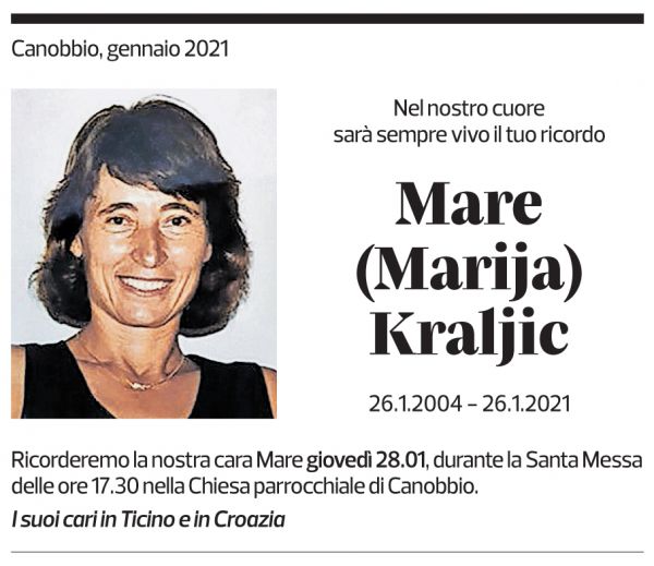 Annuncio funebre Mare (marija) Kraljic