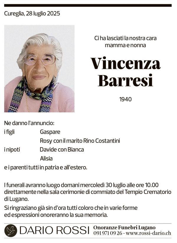 Annuncio funebre Vincenza Barresi