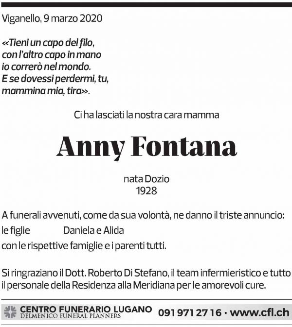Annuncio funebre Anny Fontana