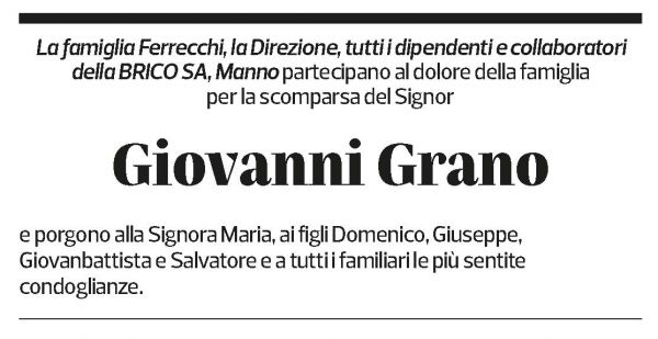 Annuncio funebre Giovanni Grano