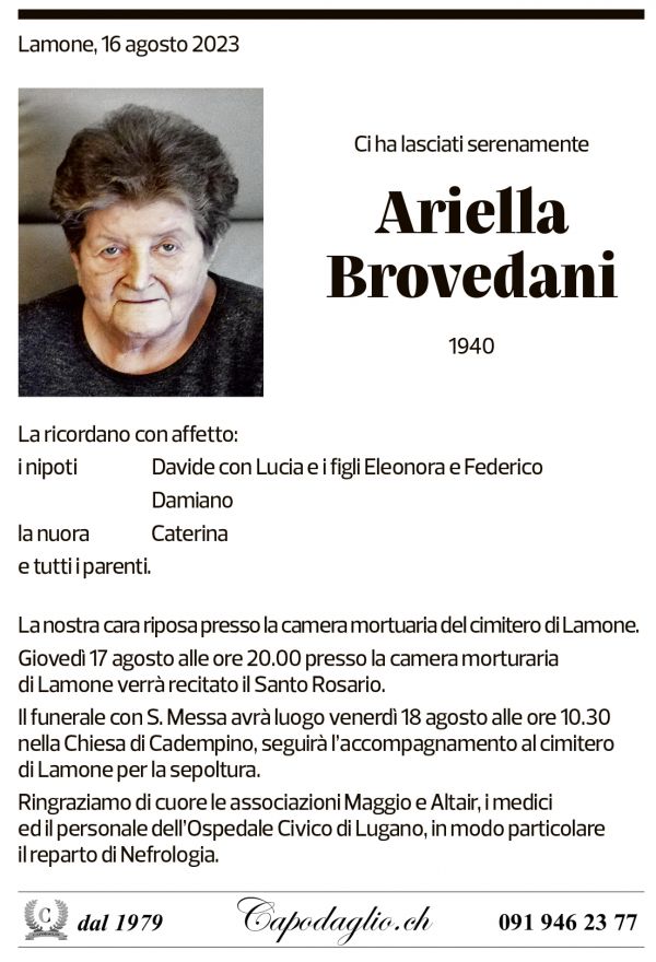 Annuncio funebre Ariella Brovedani