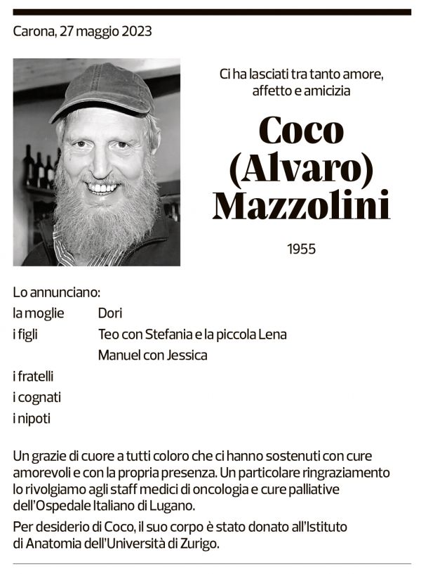 Annuncio funebre Coco Alvaro Mazzolini