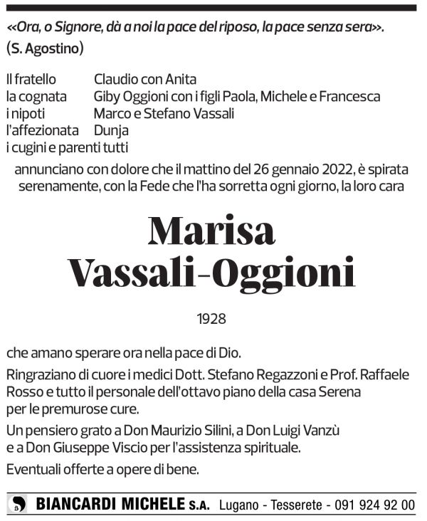 Annuncio funebre Marisa Vassali-oggioni