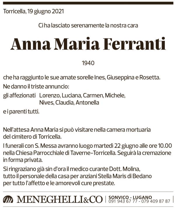 Annuncio funebre Anna Maria Ferranti