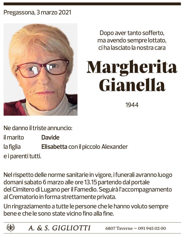 Annuncio funebre Margherita Gianella