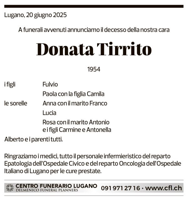 Annuncio funebre Donata Tirrito