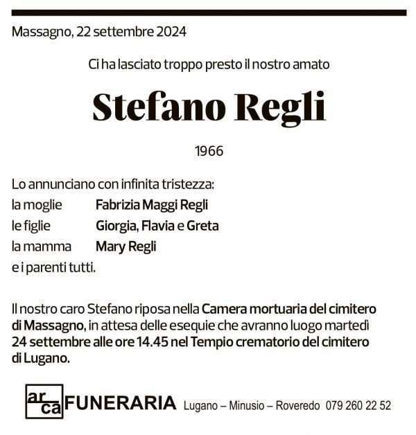 Annuncio funebre Stefano Regli