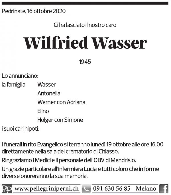 Annuncio funebre Wilfred Wasser
