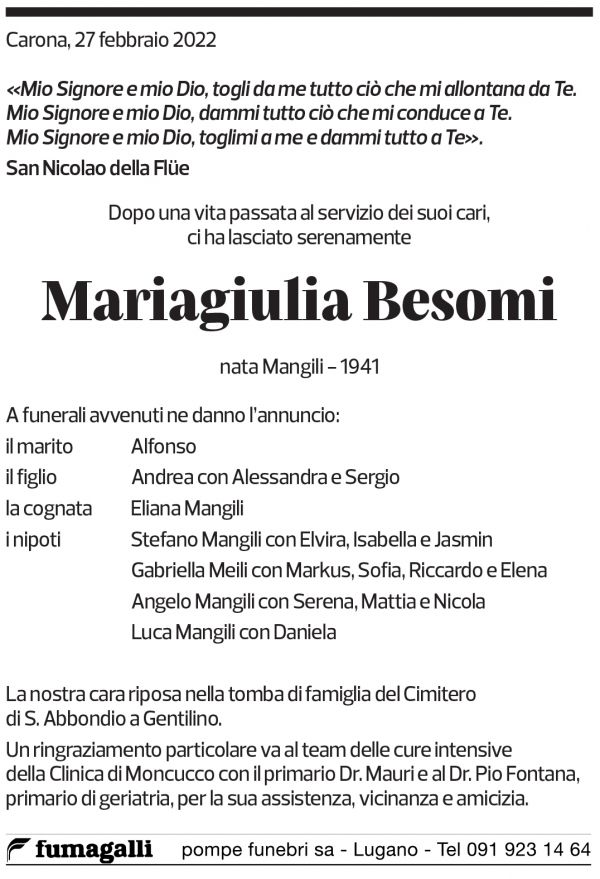 Annuncio funebre Mariagiulia Besomi