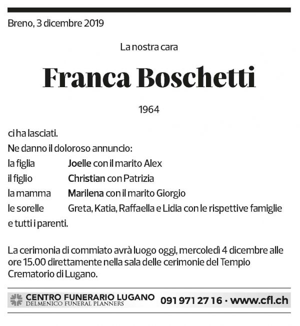 Annuncio funebre Franca Boschetti