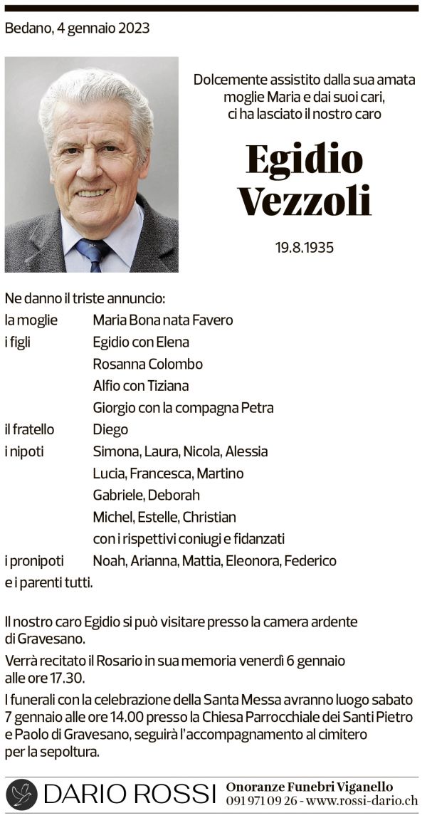 Annuncio funebre Egidio Vezzoli