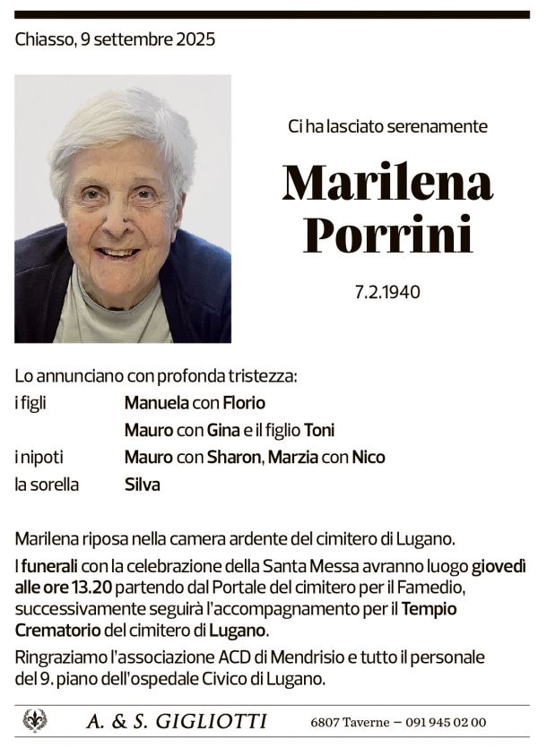 Annuncio funebre Marilena Porrini