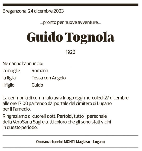Annuncio funebre Guido Tognola