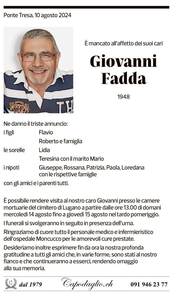 Annuncio funebre Giovanni Fadda