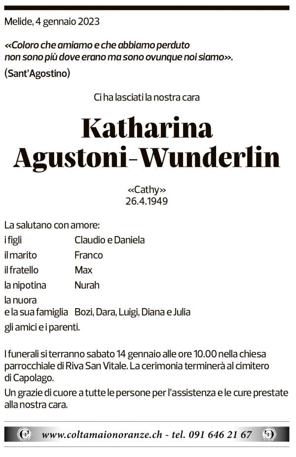 Annuncio funebre Katharina Agustoni-wunderlin