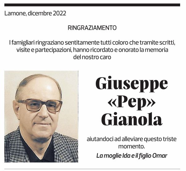 Annuncio funebre Giuseppe "pep" Gianola