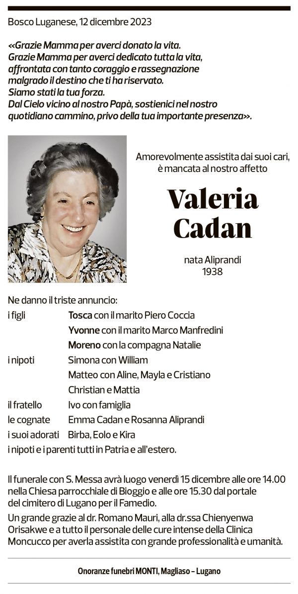 Annuncio funebre Valeria Cadan