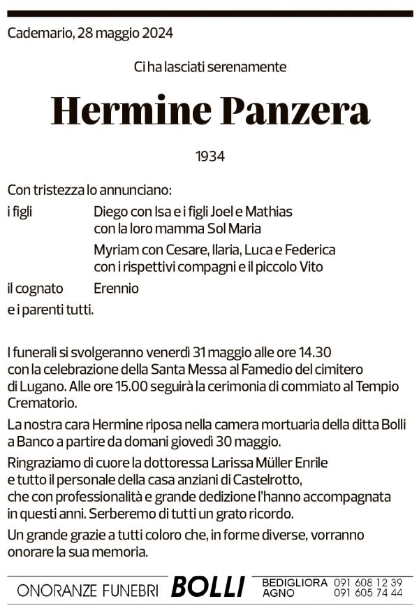 Annuncio funebre Hermine Panzera