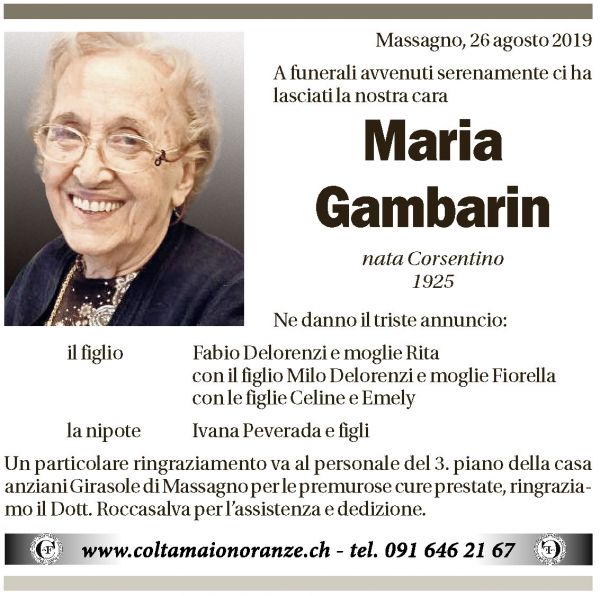 Annuncio funebre Maria Gambarin