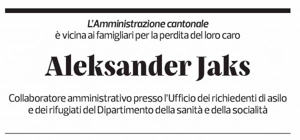 Annuncio funebre Aleksander Jaks