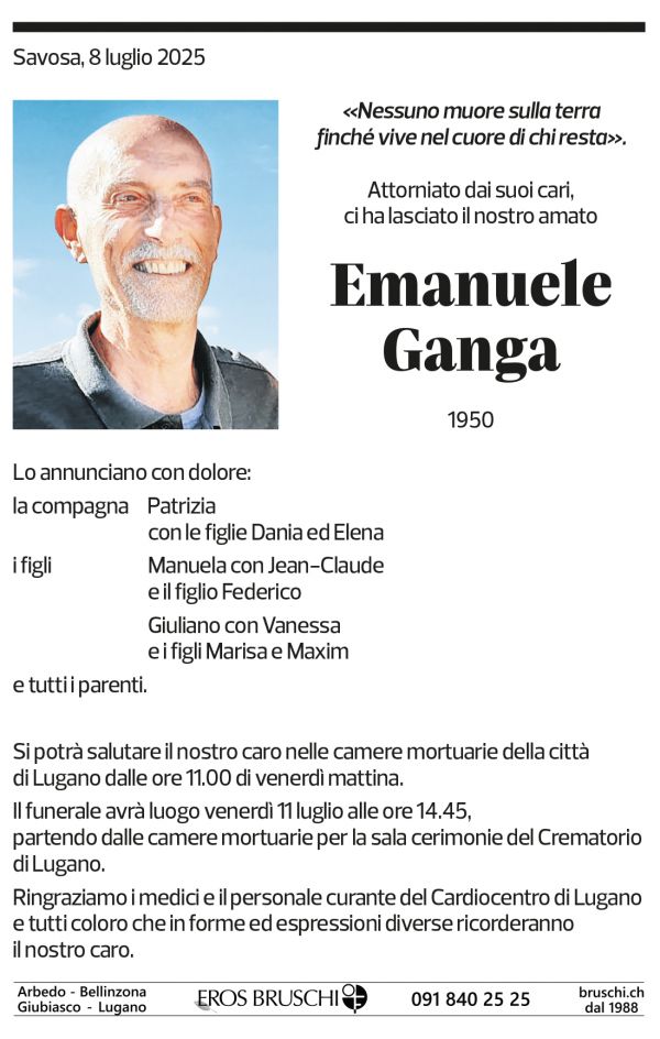 Annuncio funebre Emanuele Ganga