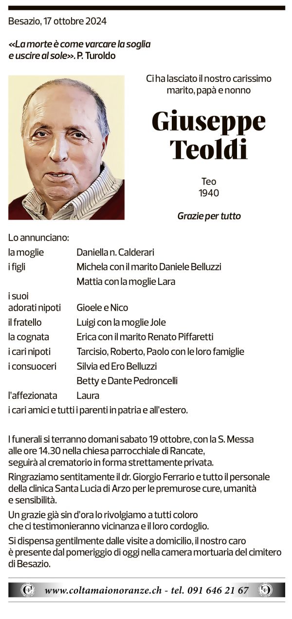 Annuncio funebre Giuseppe Teoldi