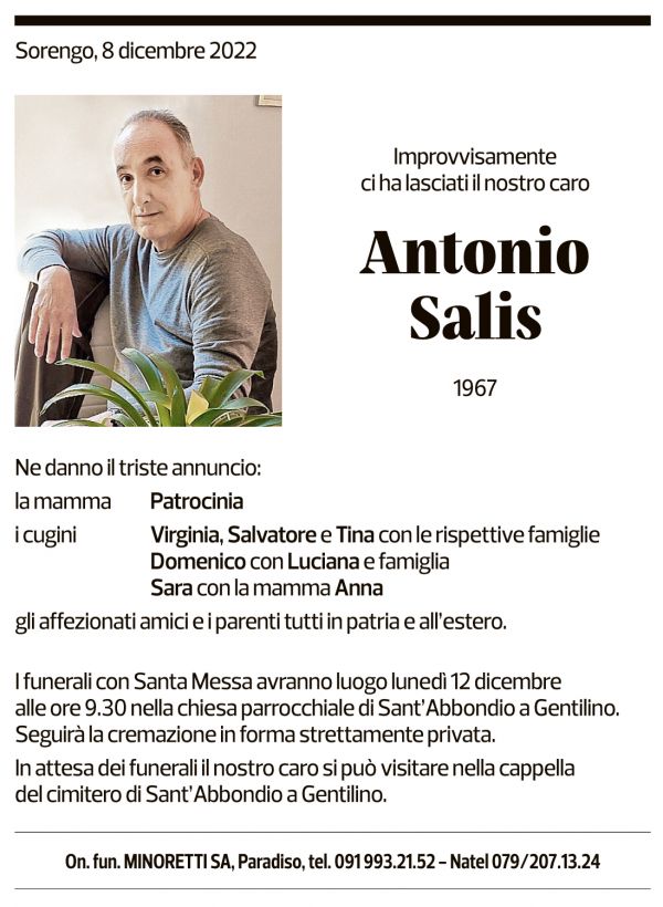 Annuncio funebre Antonio Salis