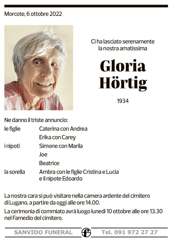 Annuncio funebre Gloria Hörtig