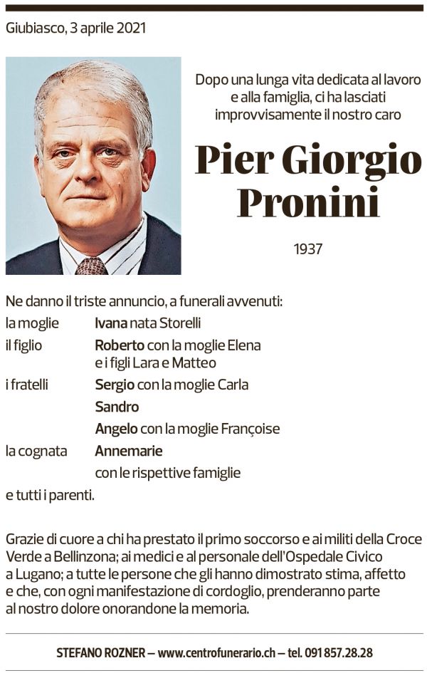 Annuncio funebre Pier Giorgio Pronini