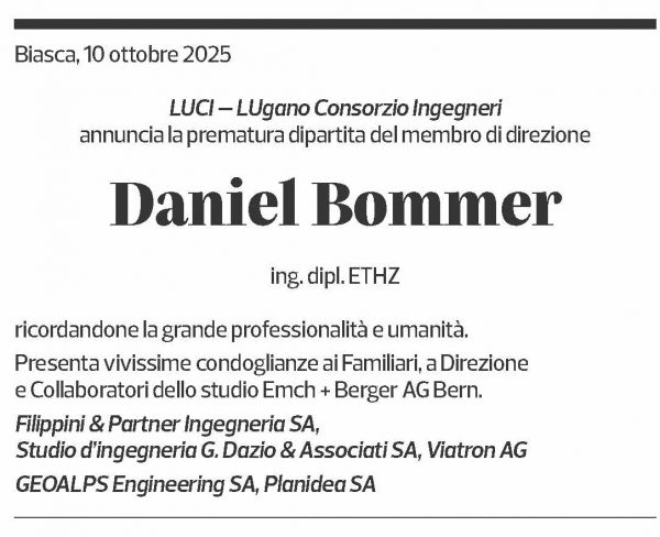 Annuncio funebre Daniel Bommer