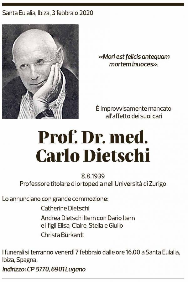 Annuncio funebre Carlo Dietschi