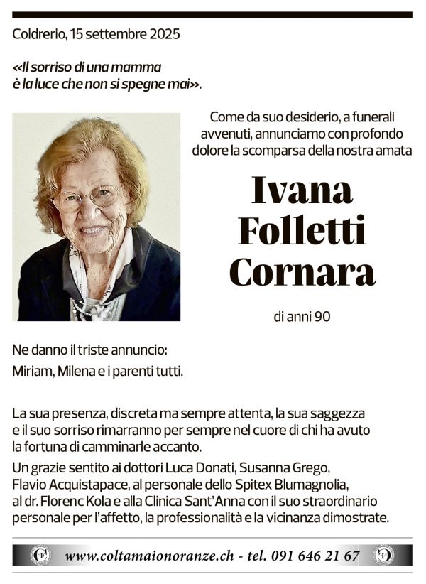 Annuncio funebre Ivana Folletti Cornara