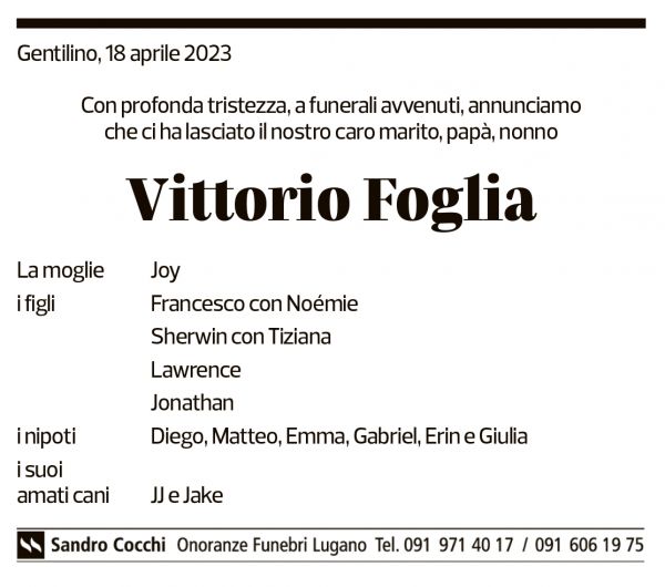 Annuncio funebre Vittorio Foglia