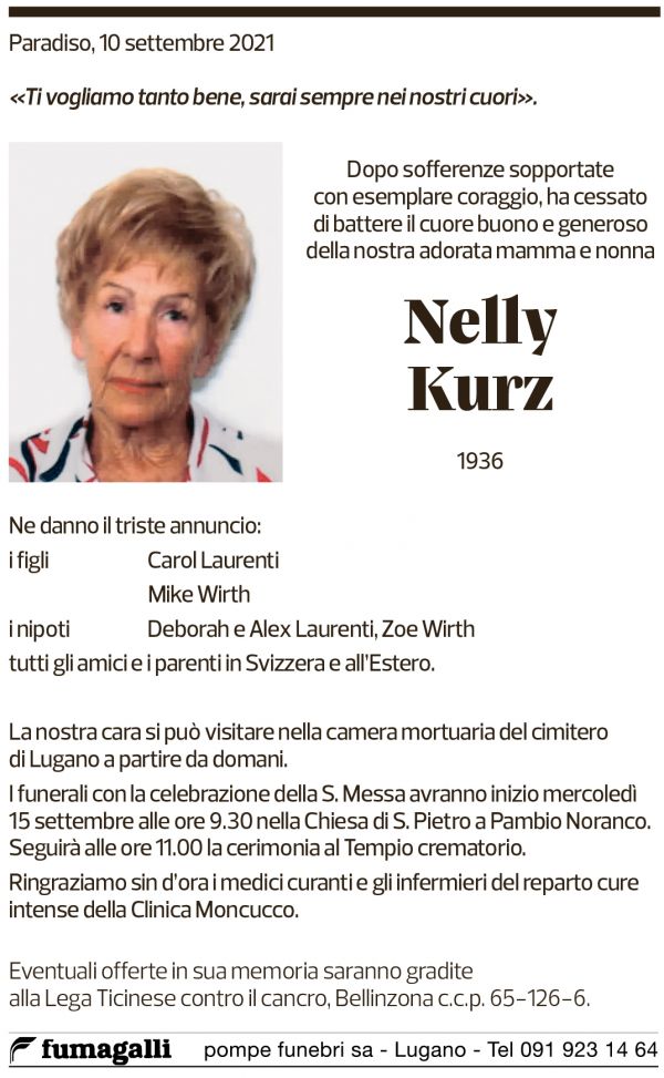 Annuncio funebre Nelly Kurz