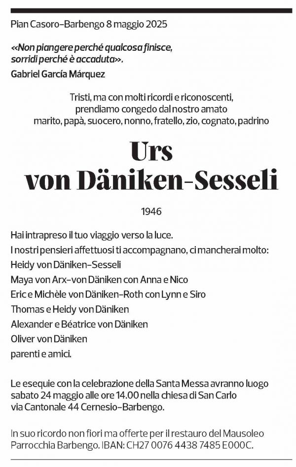 Annuncio funebre Urs Von Däniken-sesseli