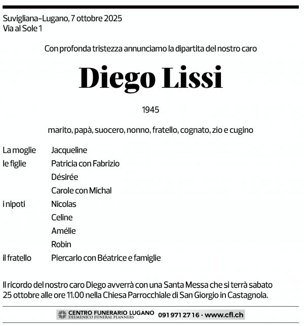 Annuncio funebre Diego Lissi