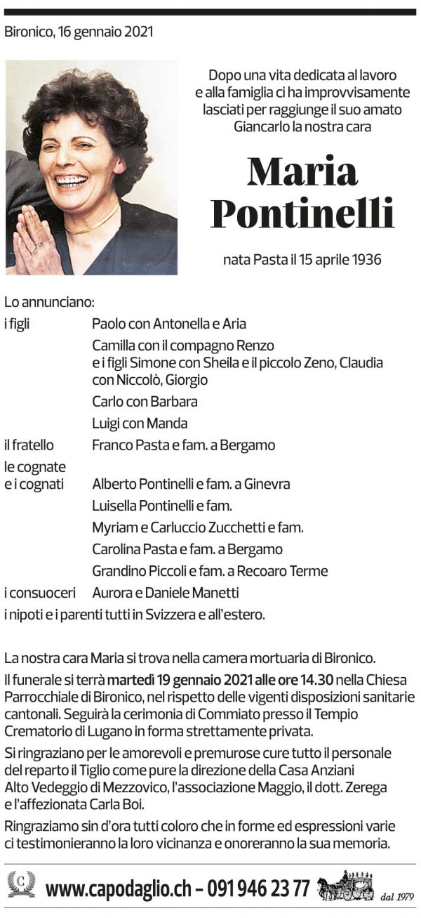 Annuncio funebre Maria Pontinelli