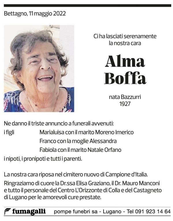 Annuncio funebre Alma Boffa