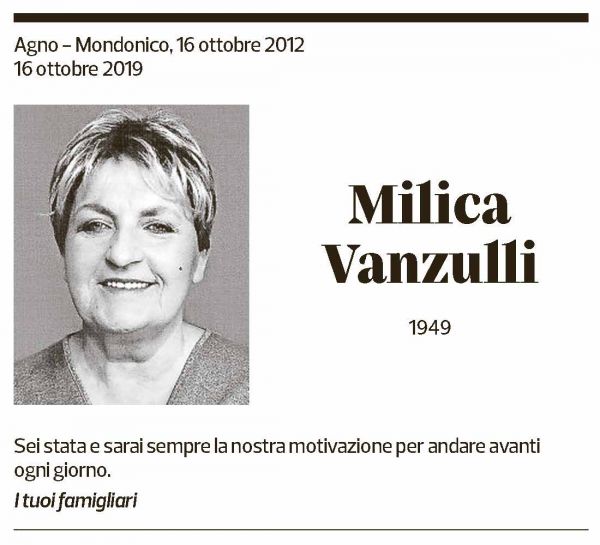 Annuncio funebre Milica Vanzulli