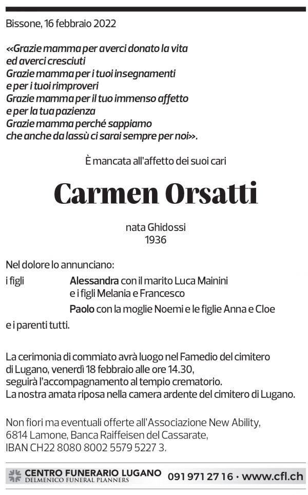 Annuncio funebre Carmen Orsatti