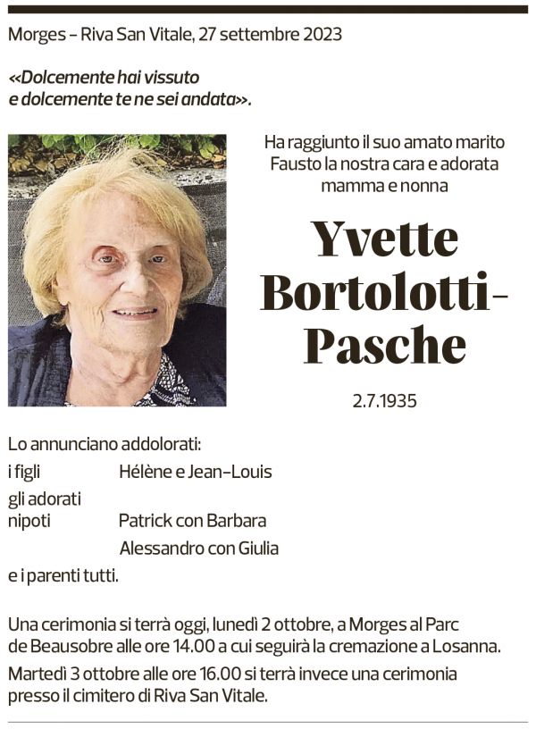 Annuncio funebre Yvette Bortolotti-pasche