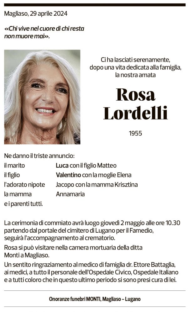 Annuncio funebre Rosa Lordelli