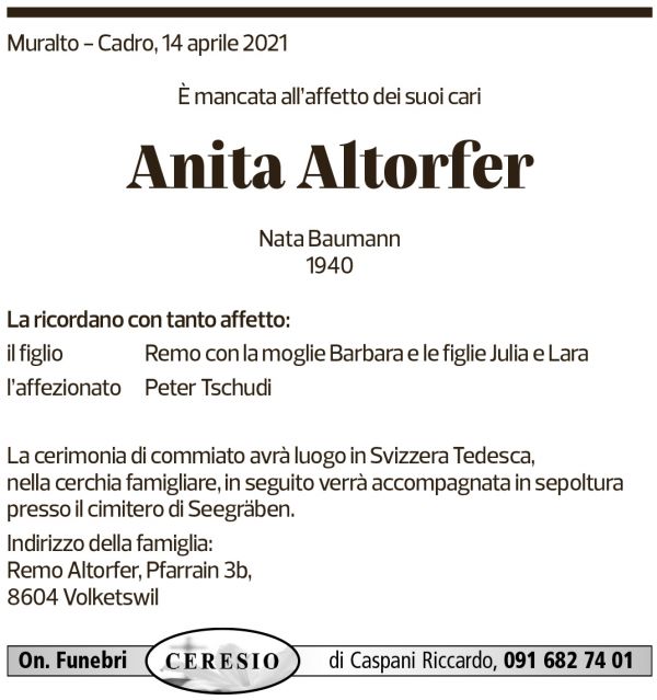 Annuncio funebre Anita Altorfer