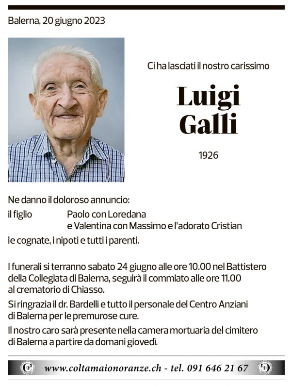 Annuncio funebre Luigi Galli