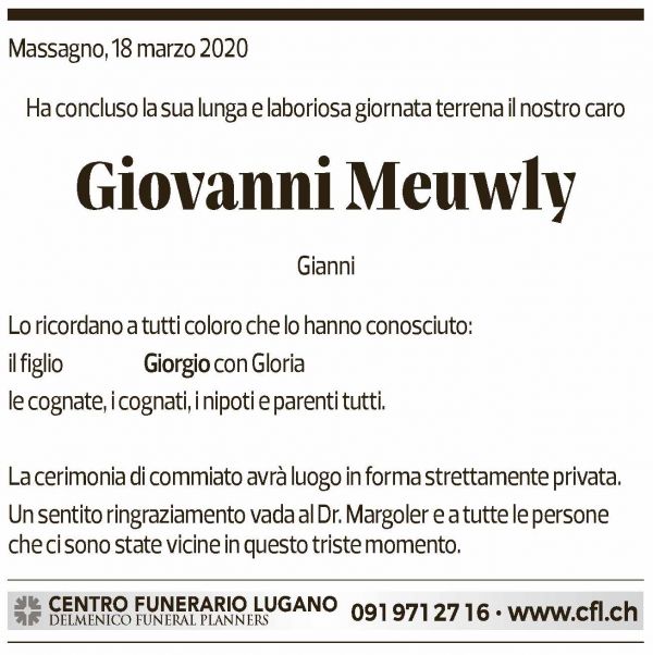 Annuncio funebre Giovanni Meuwly